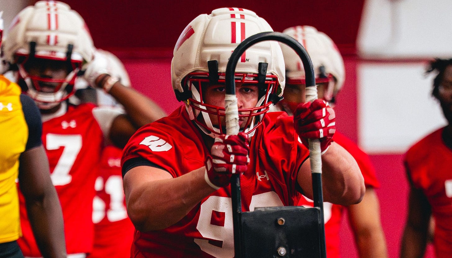 ImageWisconsin defensive lineman Torin Pettaway works through a drill during spring football practice.