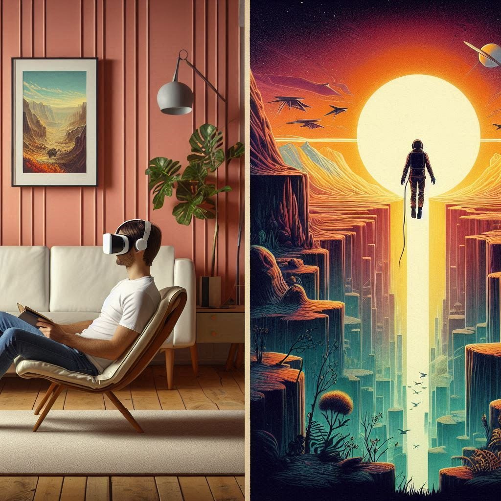 on the left, a man in a minimalist living room with a vr headset. on the right, a person falling into a canyon from far away. 1960s sci-fi drawing