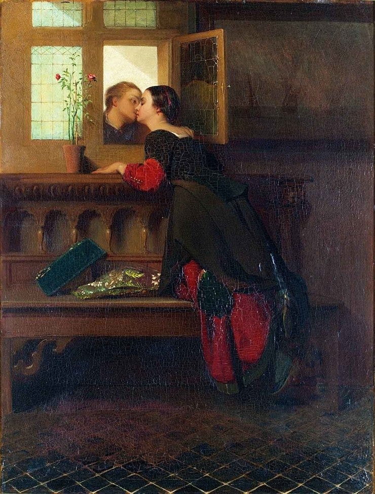 'De kus' - olieverf op doek: Christoffel Bisschop (herkomst: Teylers Museum, Haarlem)