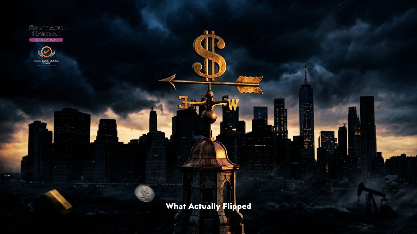 Golden dollar sign weather vane over dark stormy city skyline with text What Actually Flipped