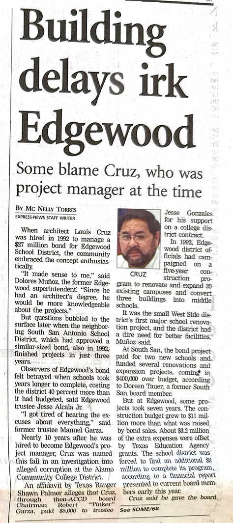 Mc Nelly Torres wrote several investigative stories published by the San Antonio Express-News documenting Louis Cruz early career as a school architect at Edgewood ISD and then his conflict of interest at Harlandale ISD where he held more than one role in school construction. (Mc Nelly Torres | Don't Forget My Voice)