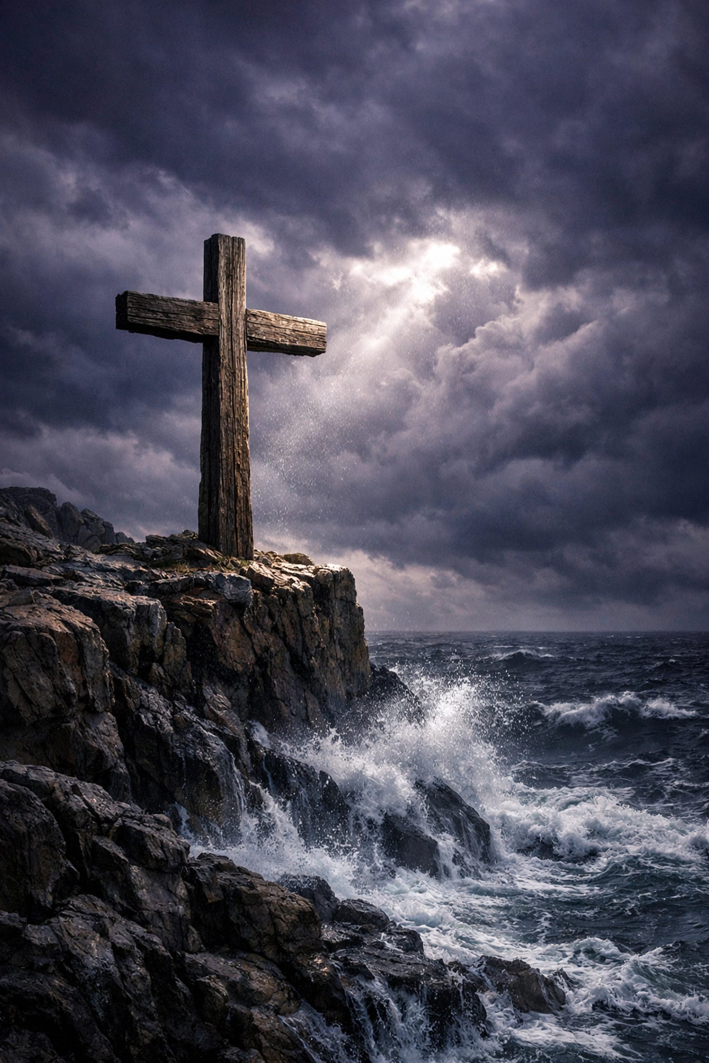 Rugged wooden cross on a stormy cliffside, symbolizing the immovable strength of Christ during a global crisis | Dr. Marcus Peter