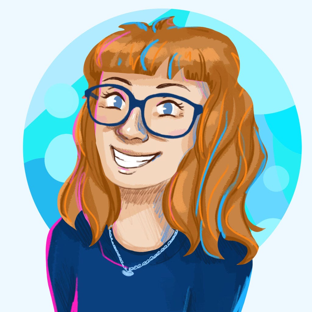 A cartoon image of Laura's headshot. Laura has red-blonde, long hair and fringe. They are a pale person with blue eyes, blue rimmed glasses, smiling at the camera and wearing a dark blue top.