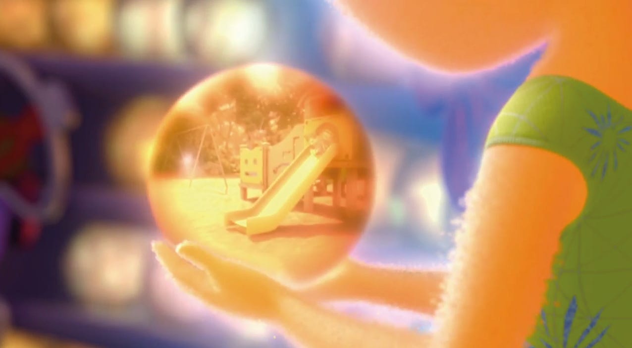 Joy from the Disney Pixar film 'Inside Out' looking at one of Riley's core memories