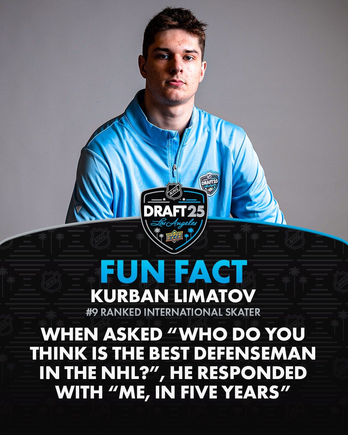 A graphic showing Kurban Limatov saying that he will be the best defenseman in the NHL in five years.