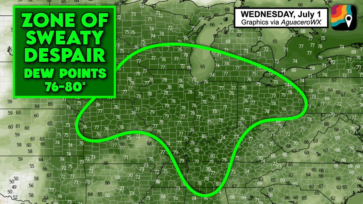 A map of the midwest with a section circled and an inset that reads "zone of sweaty despair dew points 76-80 degrees"