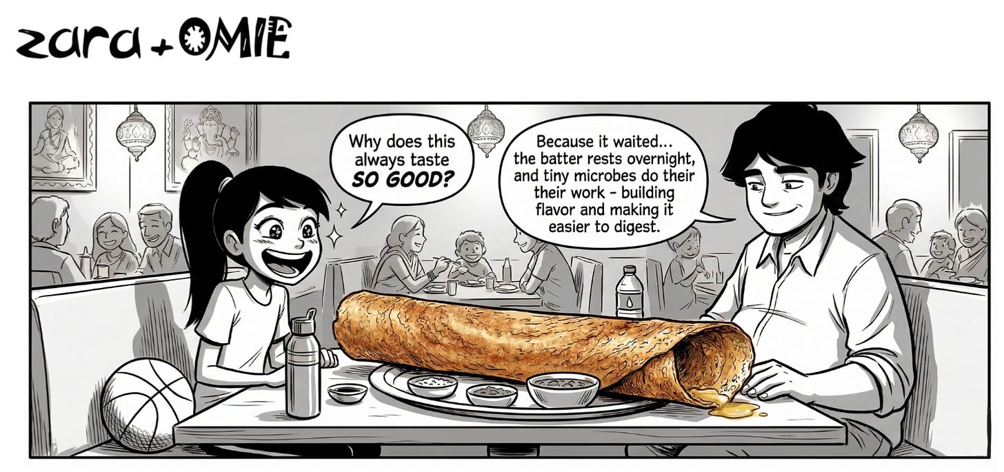 Zara and Papa sit together at a cozy restaurant, smiling as a large crispy dosa arrives, while Papa explains that the batter rests overnight and transforms.