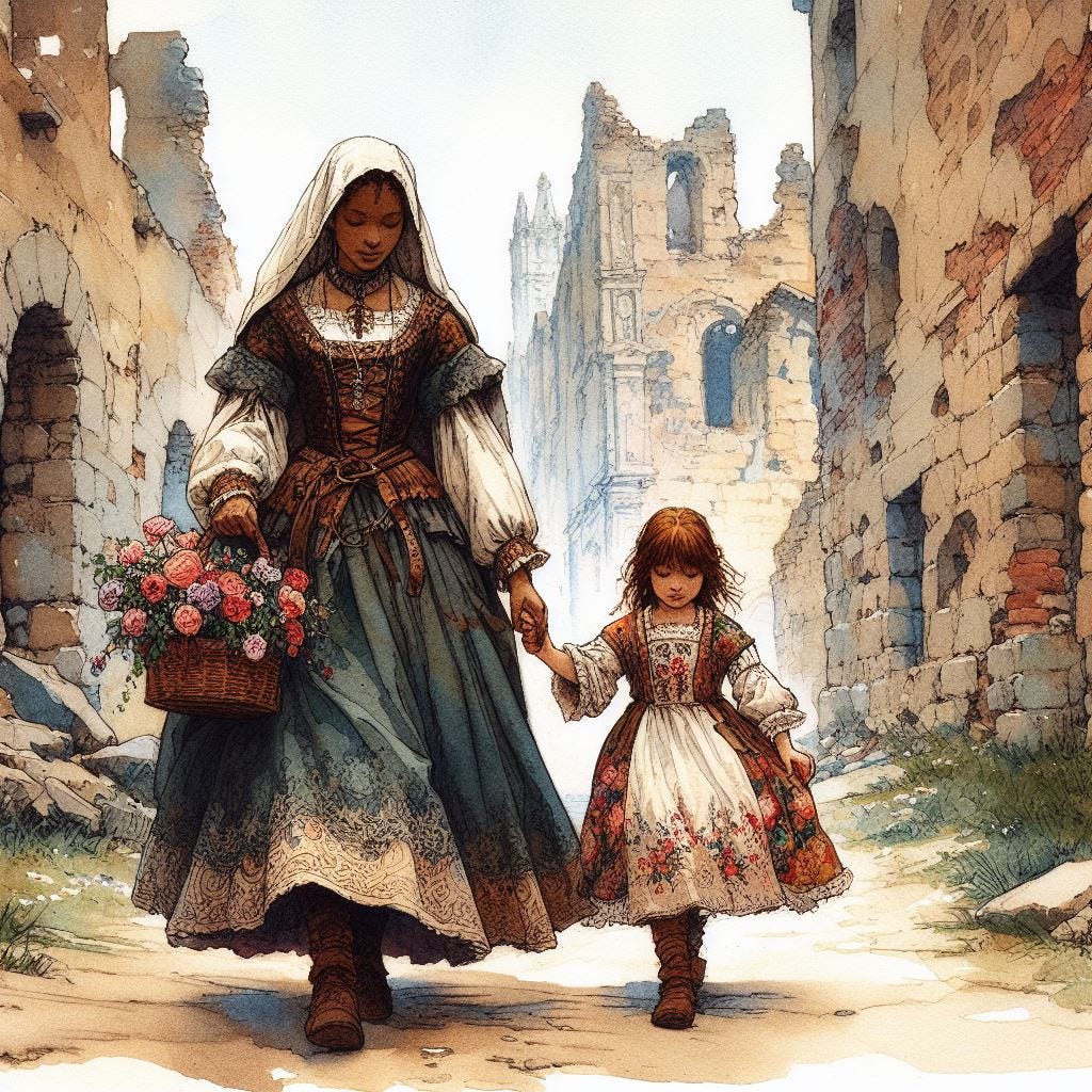 Walking through town. Image by Bing.