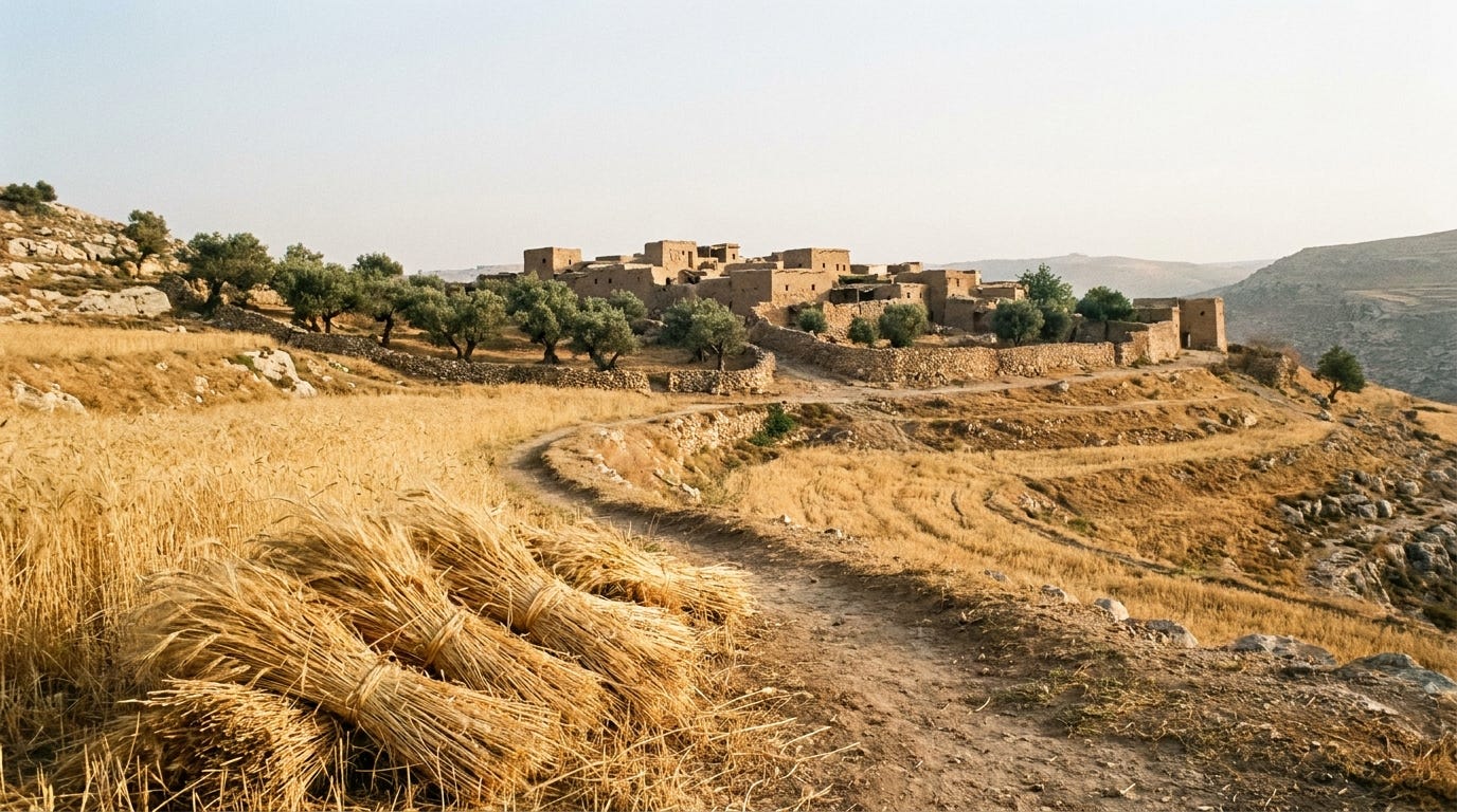 Sheaves of barley at the edge of a golden field, a path winding toward a small ancient walled village in early light, no people, no faces, no text Sheaves of barley at the edge of a golden field, a path winding toward a small ancient walled village in early light, no people, no faces, no text