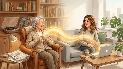 A senior woman talking to a millennial woman.