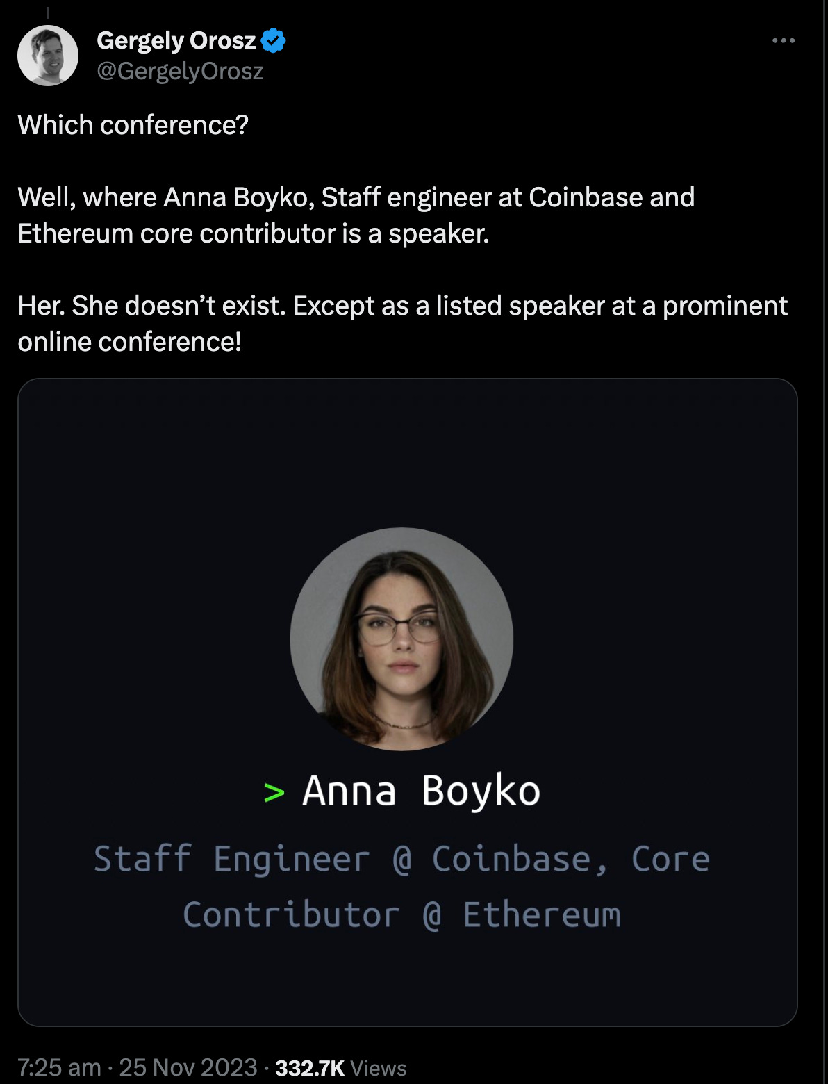 Tweet exposting the fake profile of Anna Boyko