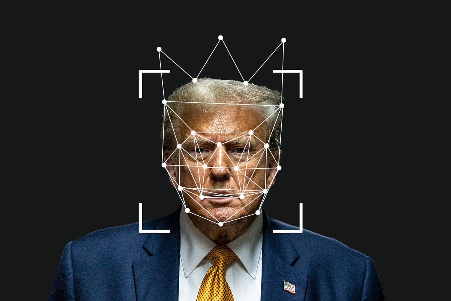 Donald Trump has data-scanning points from facial recognition technology over his face. 