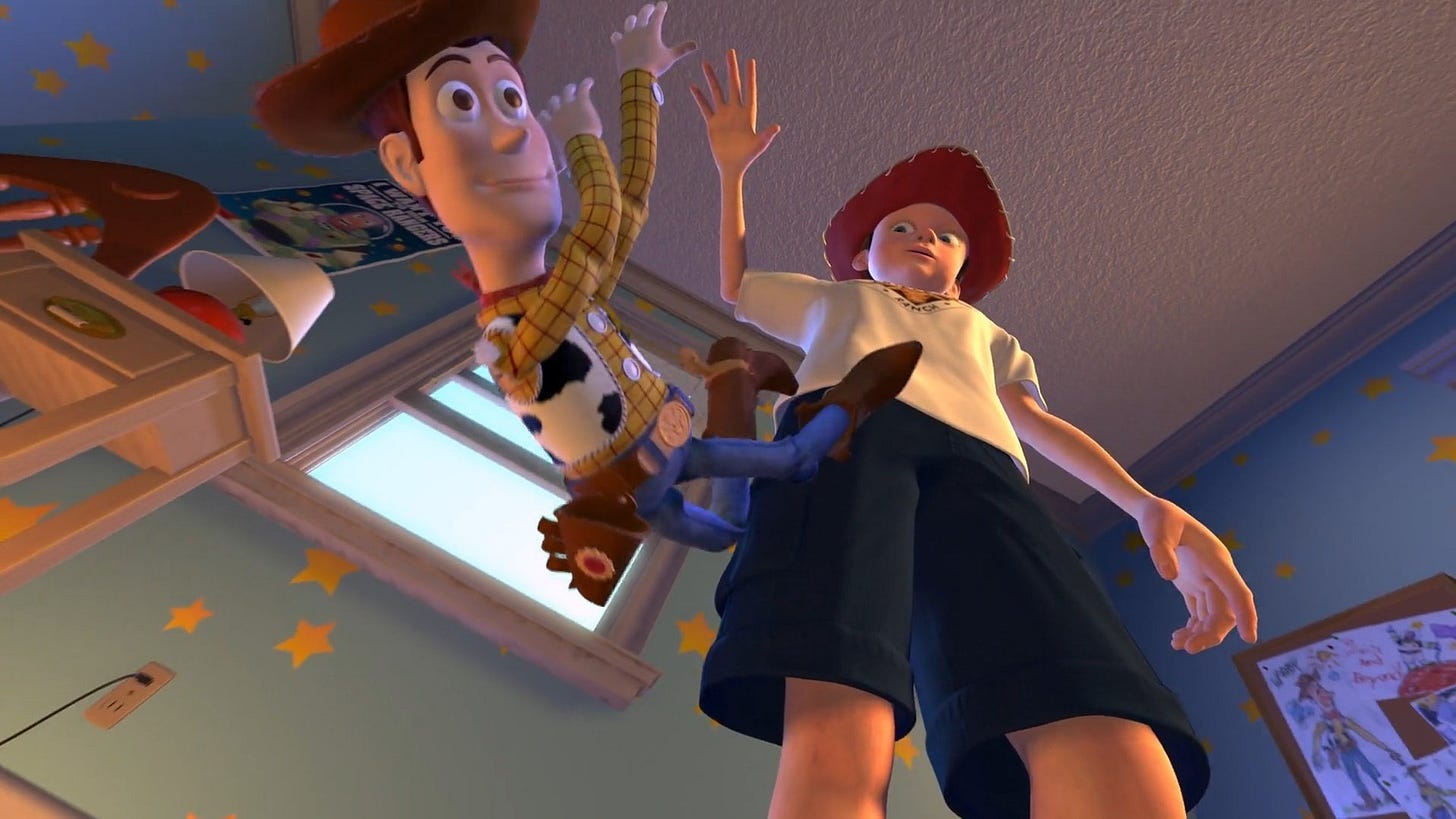 A screenshot of Andy from Toy Story dropping his doll, Woody, because he's tired of playing with him.