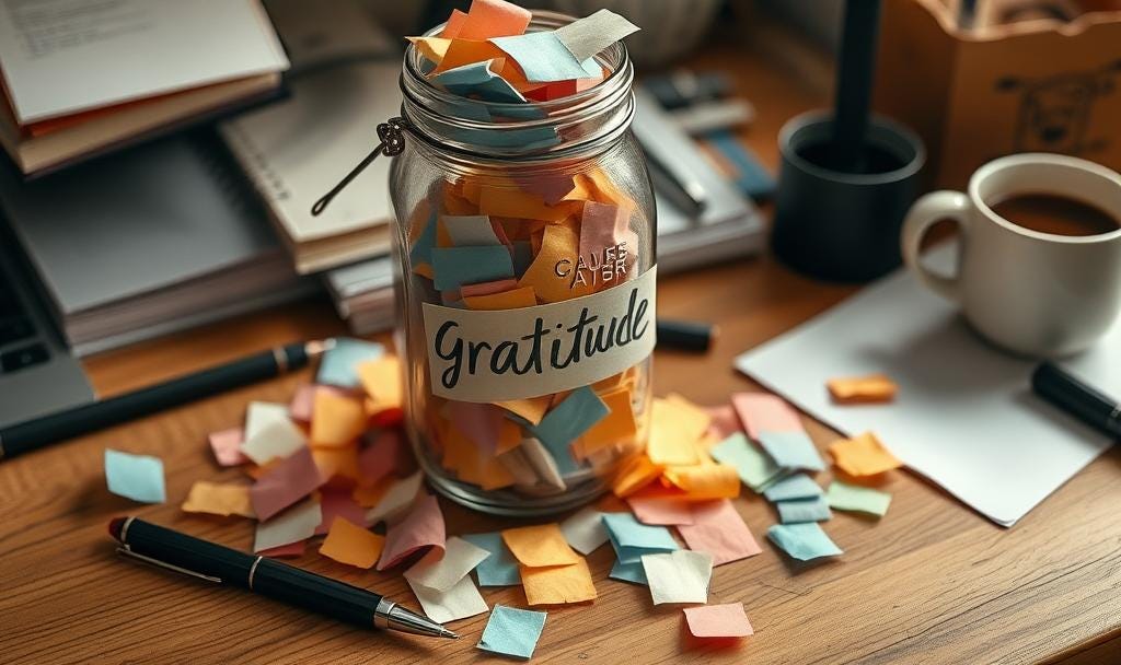 A mason jar labeled “Gratitude” overflowing with colorful paper slips, surrounded by scattered notes, a pen, and a coffee mug on a cluttered desk.