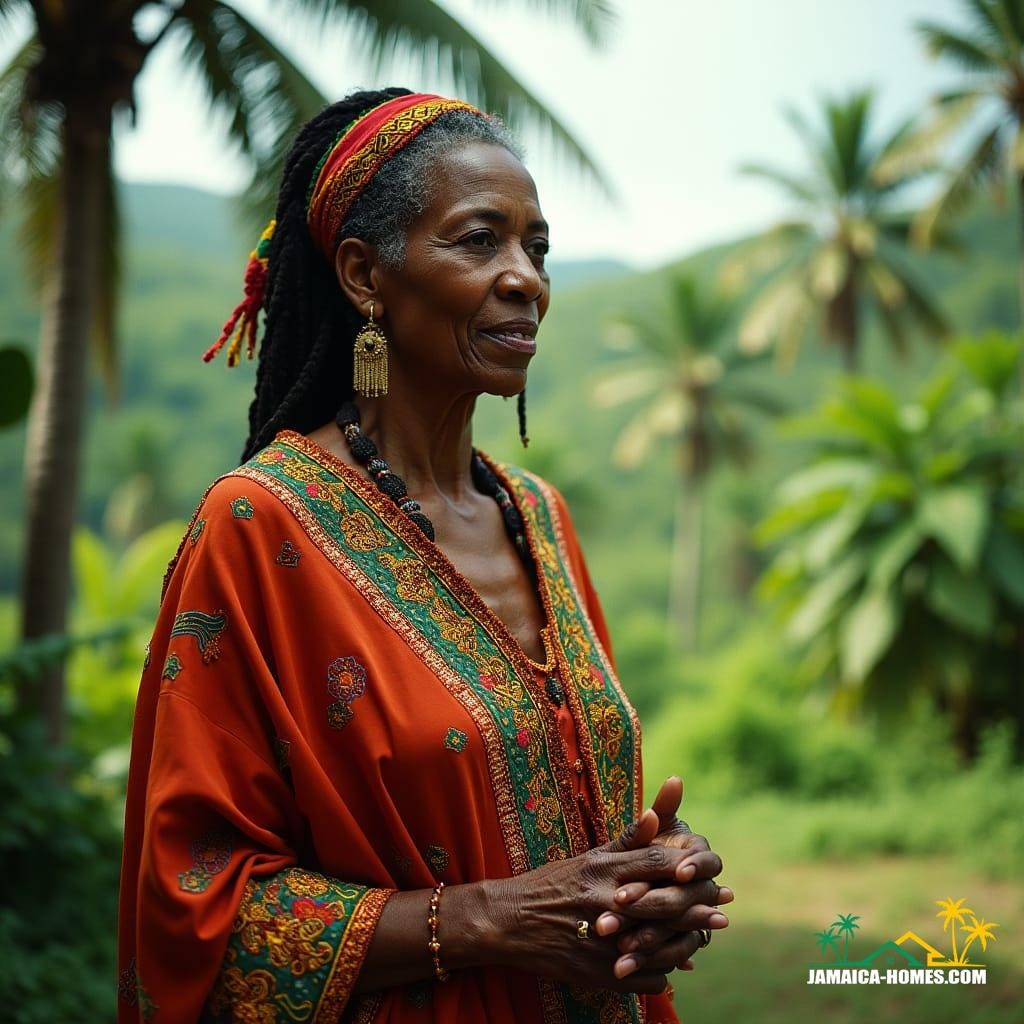 A regal, wise, and weathered Jamaican Rastafarian woman, dressed in vibrant, flowing robes with intricate embroidery, stands authoritatively in a lush, sun-drenched Jamaican landscape, surrounded by lush greenery and majestic palm trees, as she explains the intricacies of subdivision approval with passion and conviction, her voice carrying the weight of experience and wisdom. 