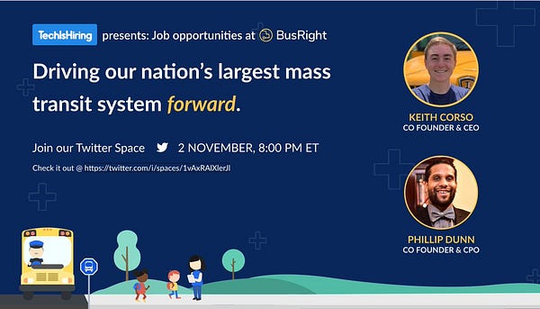 #TechIsHiring presents: Job Opportunities at BusRight
Driving our nation's largest mass transit system forward.
Join our Twitter Space on November 2, 8:00 PM ET
Check it out @ https://twitter.com/i/spaces/1vAxRAlXlerJl