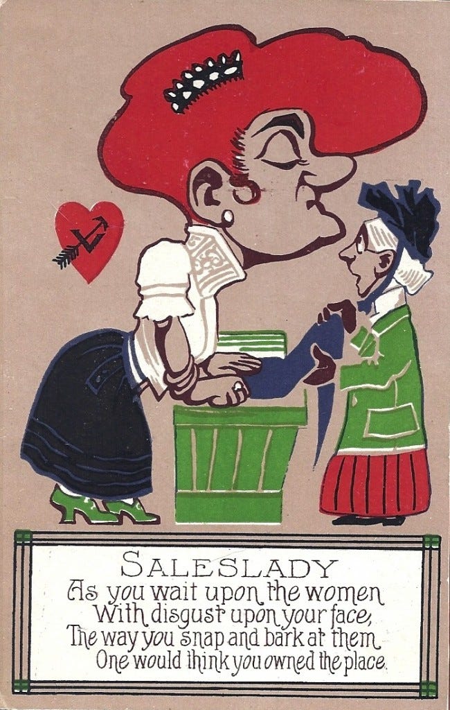 Top: Some Vinegar Valentines, like this 1940s American example, were meant to reject romantic advances. Above: Others, like this postcard from the 1910s, were meant for people in your day-to-day life.