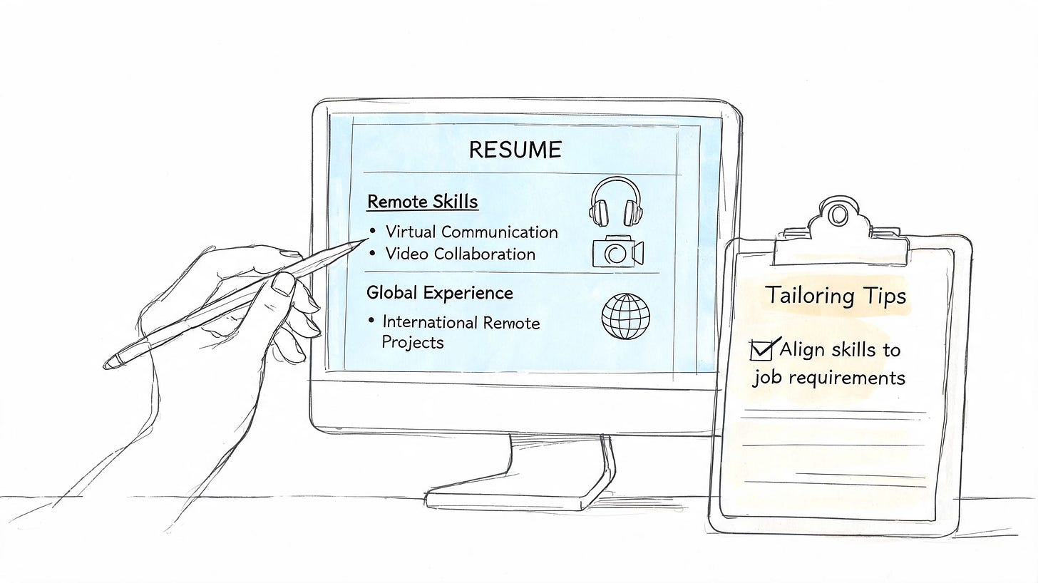 A hand editing a resume on a computer screen to include remote work skills and global experience. A hand editing a resume on a computer screen to include remote work skills and global experience.