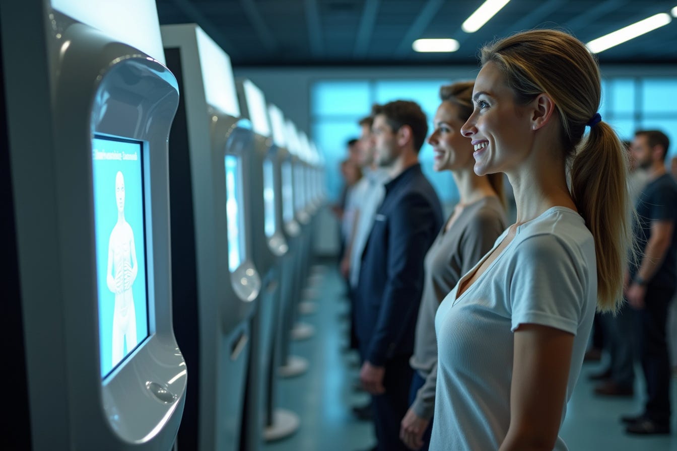Single men and women lined up in a sterile airport terminal for a biometric dating event, facing high-tech screening kiosks with glowing monitors