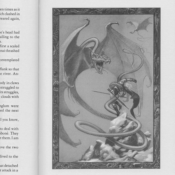 LEFT: Detail from THE OONAI featuring Elric coiled in the tail of a winged serpent, which hovers with mouth open, baring fangs and forked tongue in a hiss.  RIGHT: Scan from the Archival Press edition of THE VANISHING TOWER featuring cut off text on the left and the interior illustration THE OONAI on the facing page.