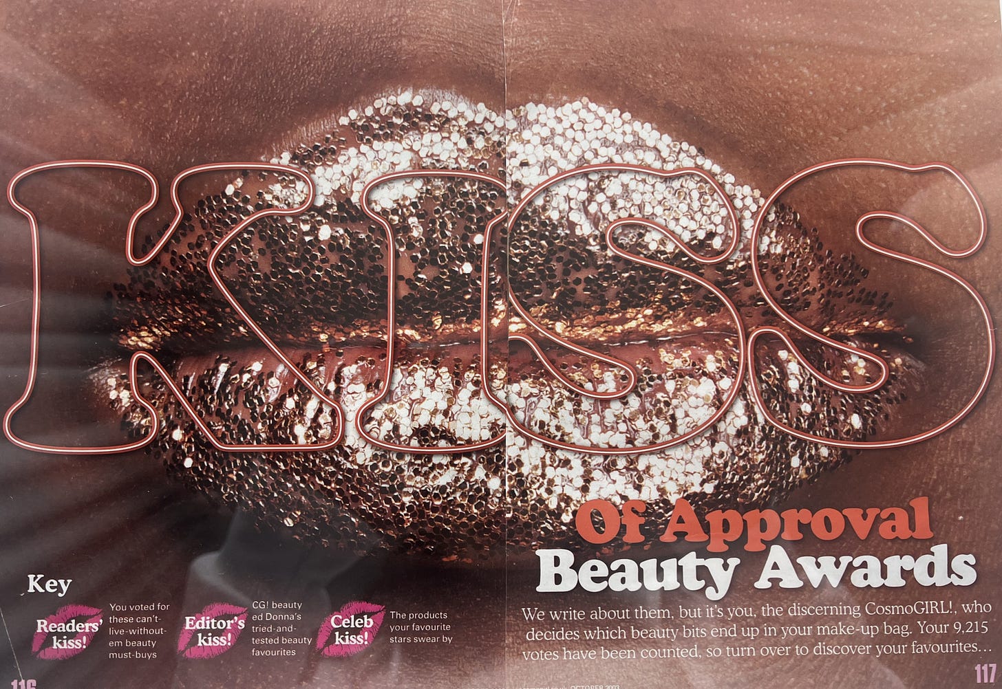 CosmoGIRL Beauty Awards 2003 magazine tearsheet featuring a glittery lip 'Kiss of Approval' shoot by award-winning Beauty Editor and founder of The Beauty Ed® Donna Francis.