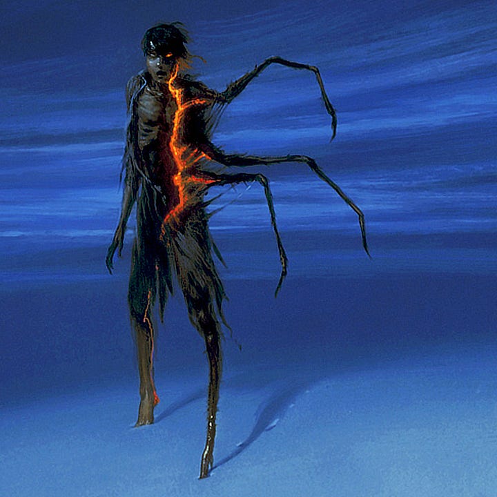 LEFT: Detail of THE DARK TOWER: MORDRED featuring a man caught mid-transformation changing into a spider. A crackle of orange energy divides human from spider. Against the cool blowing winds of the frozen landscape and drifting snow of the foreground, the warm shock of color sizzles. RIGHT: Close detail of THE DARK TOWER: MORDRED featuring Mordred taking a step forward mid-transformation as he morphs into a spider. A crackle of orange energy radiates up the right half which has already taken the form of grotesque, spindly limbs. His eye glows orange and his mouth is stretched open in a downturned arch. The raised heel of his human foot casts the same shadow as his spider leg.