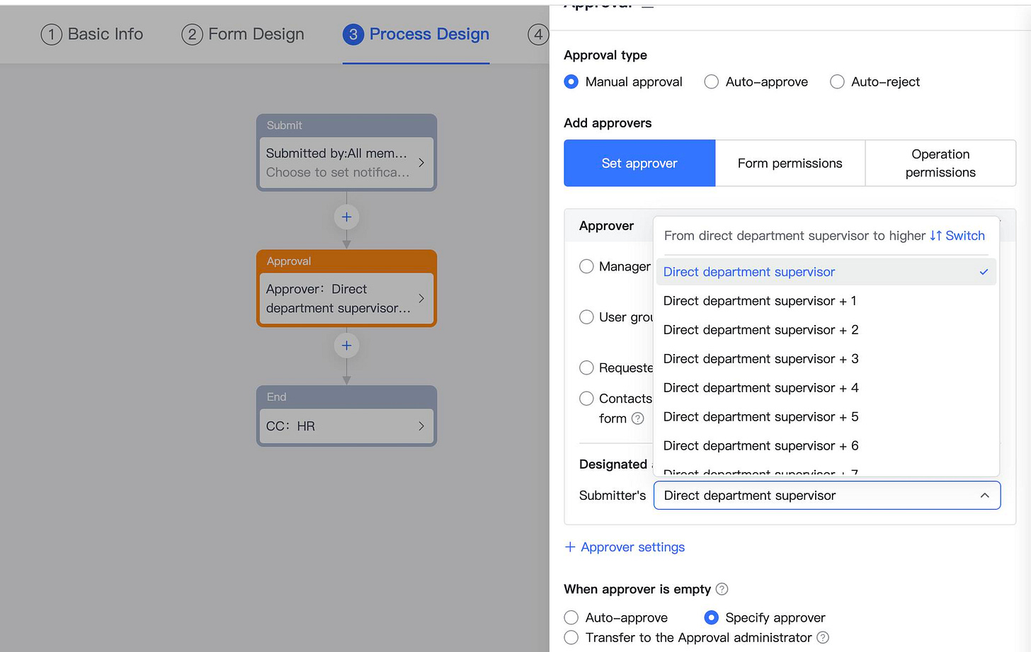 May be an image of text that says 'Basic Info Form Design Process Design Approval type Submit ο Manual approval Submitted by:All mem... Choose set notifica... Auto-approve Add approvers Auto-reject Set approver Approval Form permissions Approver Operation permissions Approver: Direct department supervisor... From Manager department supervisor to higher Direct department supervisor Switch End Direct department supervisor User groi Direct department supervisor CC:HR CC: Direct department supervisor Requeste > Direct department supervisor- Contacts form Direct department supervisor 5 Designated Direct department supervisor Submitter's Diraot donortmant nuinoninar! Direct department supervisor Approver settings When approver empty ? Auto-approve Specify approver Transfer the Approval administrator ?'