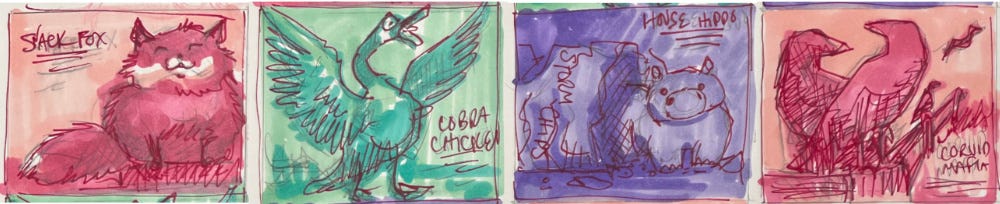 Sketches of a fox, a goose, a miniature hippo, and some crows.