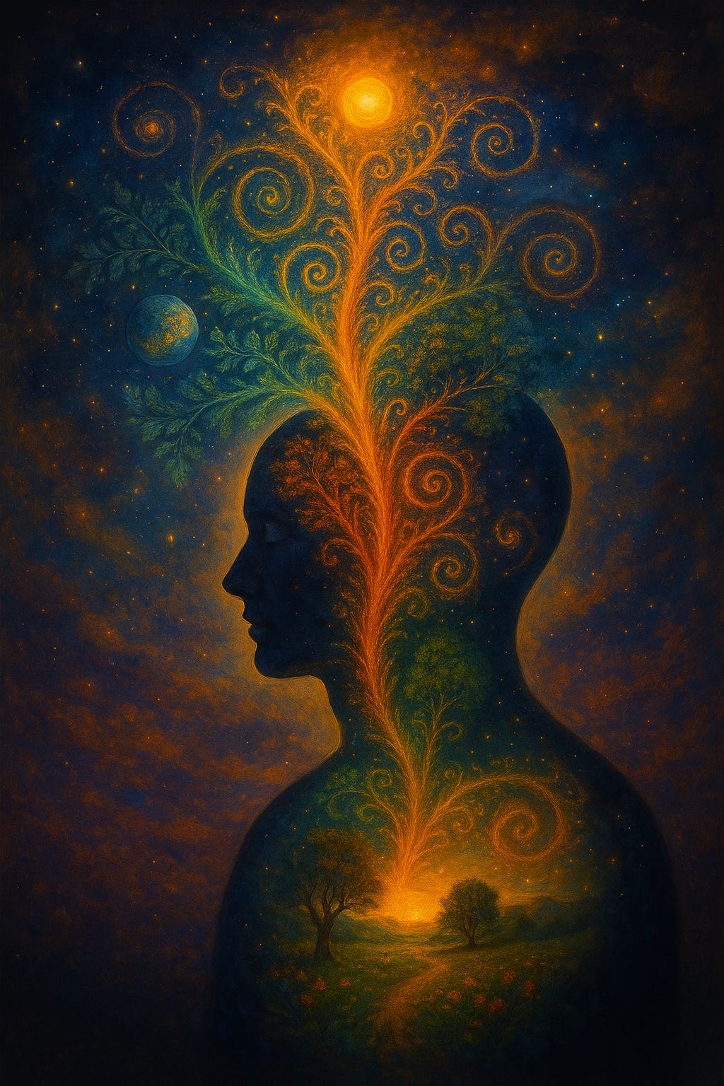 A serene silhouette of a human figure filled with stars and galaxies. From the heart rises a luminous, tree-like flow of golden and green spirals reaching upward to a radiant sun, symbolising the inner world blossoming into the cosmos.