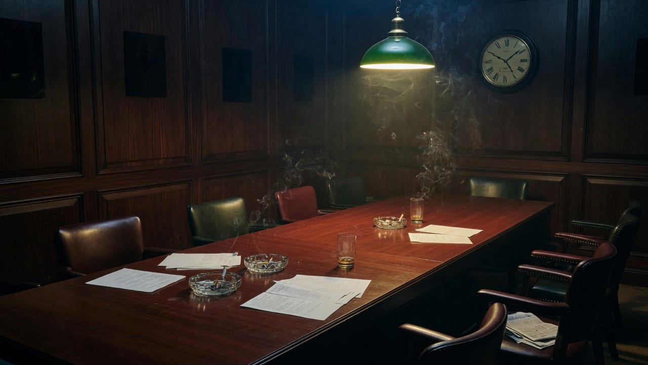 Long empty mahogany conference table in dark wood-paneled room, single overhead lamp, papers and ashtrays visible, wall clock showing late evening, noir atmosphere