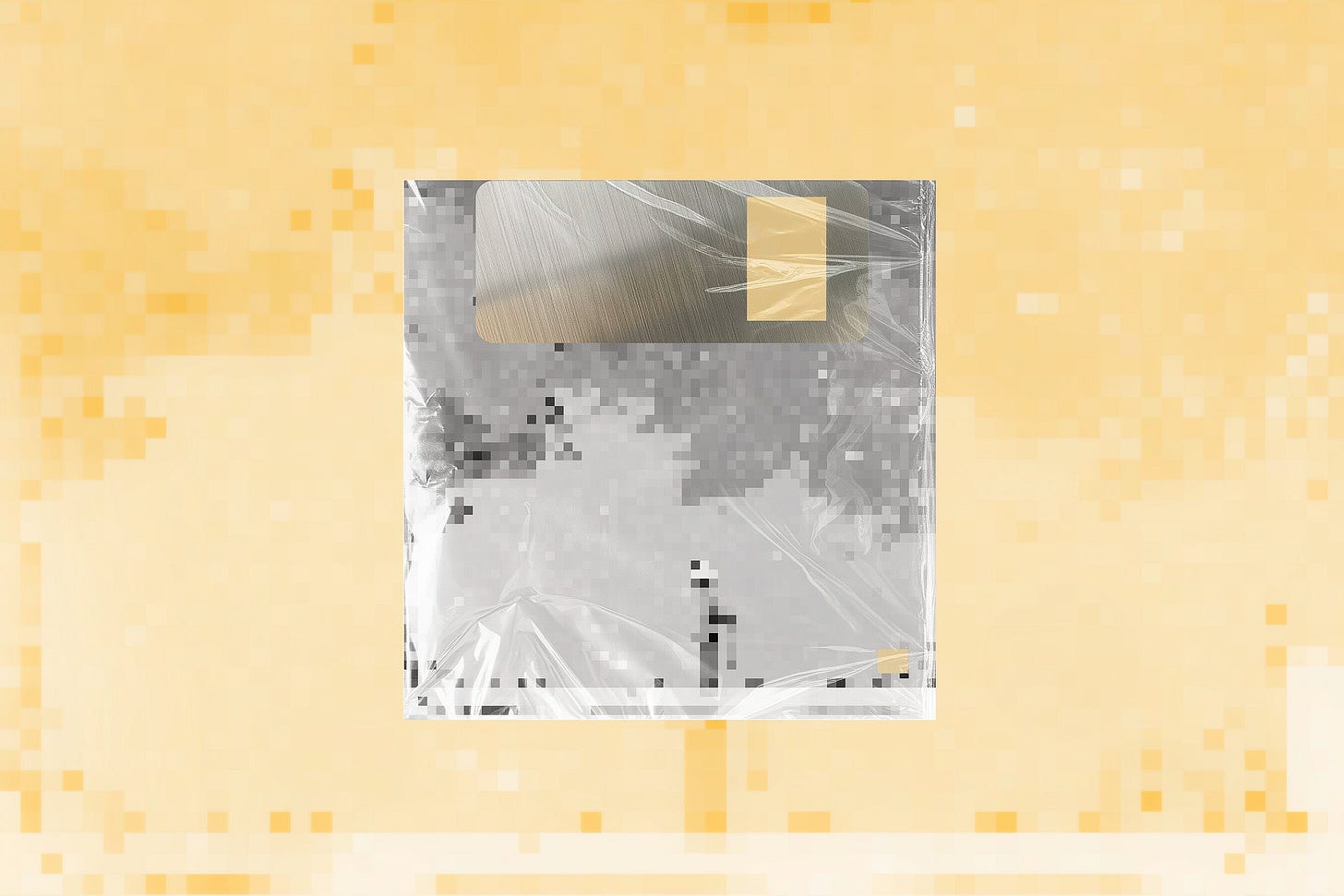 A tactile art layout featuring a square, 3.5-inch floppy disk inside a clear, creased plastic sleeve against a blurred background of blown-out, pixelated digital noise in shifting shades of warm amber, ochre, and pale gold. The disk’s shell displays a low-resolution pixelated grayscale composition evoking a small solitary figure linked to a dense shape hovering above, created for “Boy with Rock Balloon.” Part of the Drawing Conclusions series at The Subtext Review.