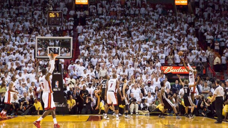 Ray Allen taking a last second three pointer to tie Game 6 against the San Antonio Spurs.