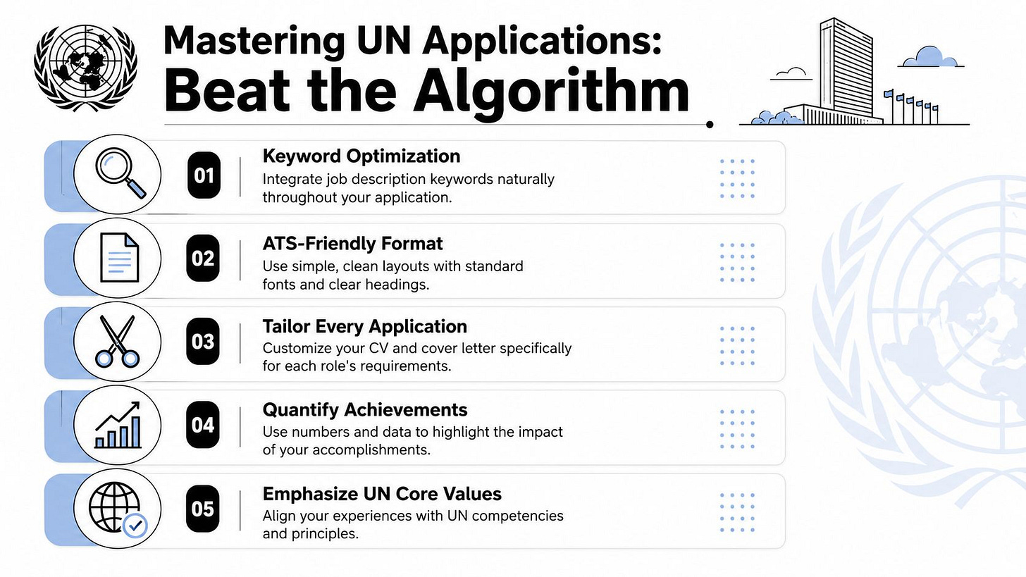 A guide infographic with five tips for mastering United Nations job applications to pass automated applicant tracking systems. A guide infographic with five tips for mastering United Nations job applications to pass automated applicant tracking systems.