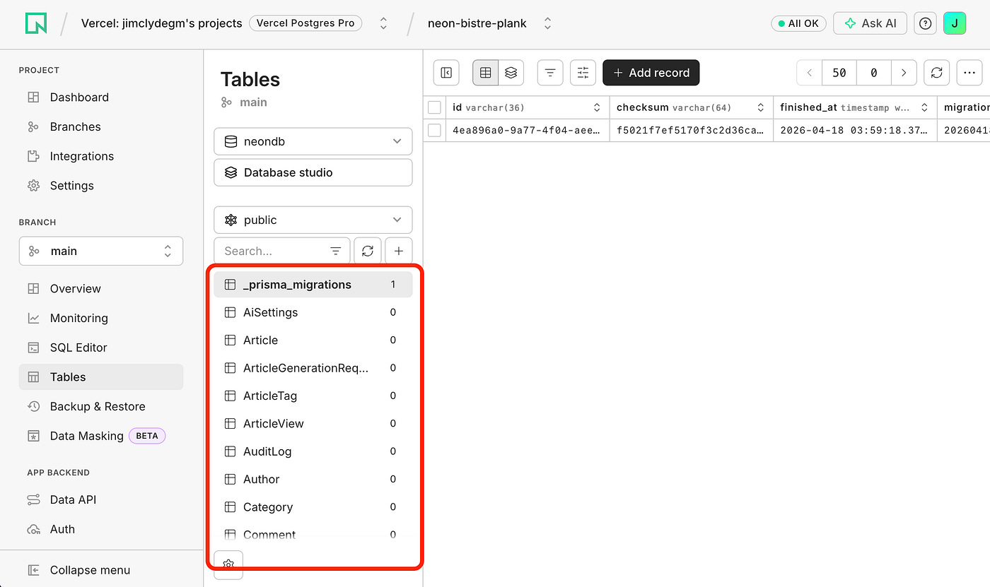 Prisma migration for BloggFast in Neon. Image by Jim Clyde Monge