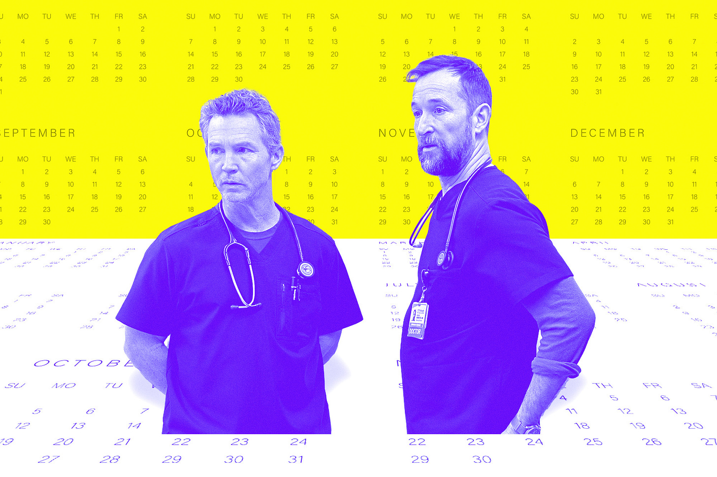 cutout of Shawn Hatosy and Noah Wyle as their characters from 'The Pitt' on a background of a 12-month calendar