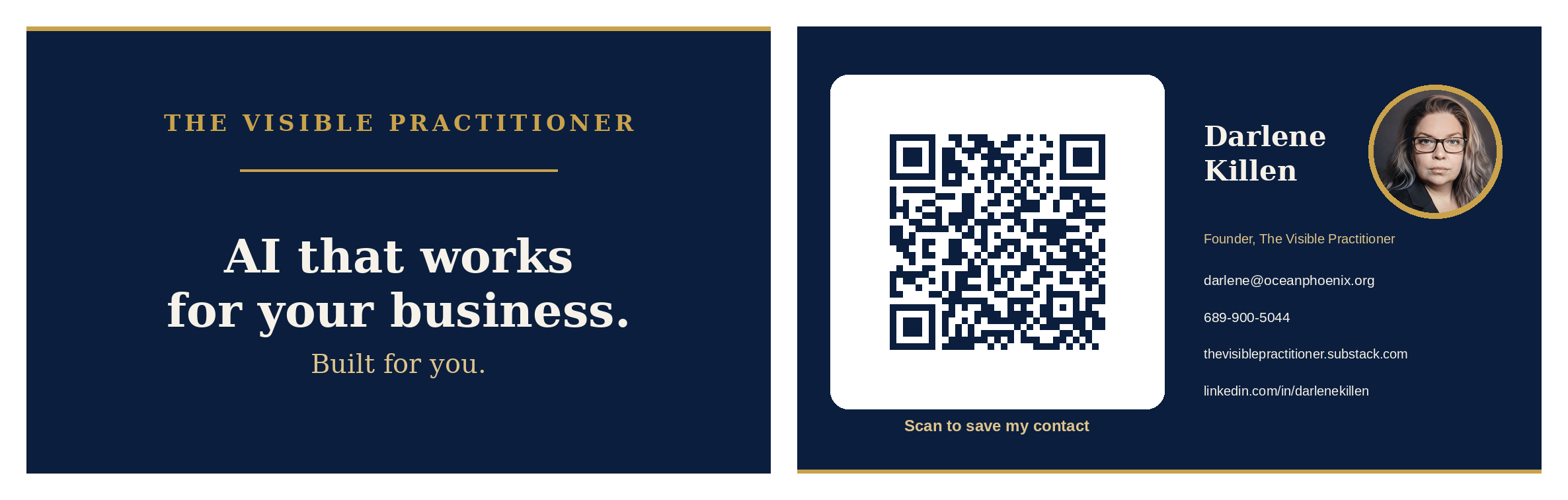 The Visible Practitioner smart business card, September 2026. Navy and gold double-sided card with a QR code that saves the contact and links to an AI-readable digital card. The Visible Practitioner smart business card, September 2026. Navy and gold double-sided card with a QR code that saves the contact and links to an AI-readable digital card.