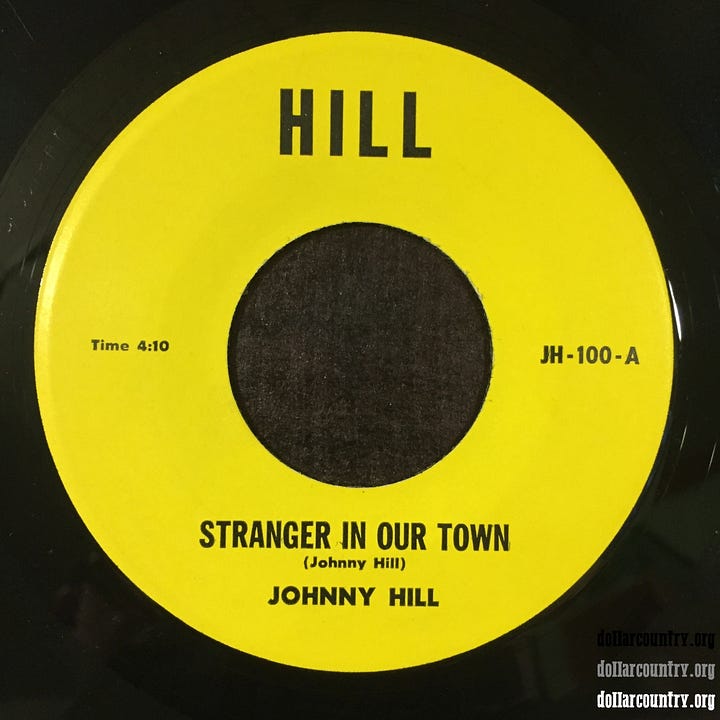 Label images of 45 rpm record of Johnny Hill's Stranger In Our Town
