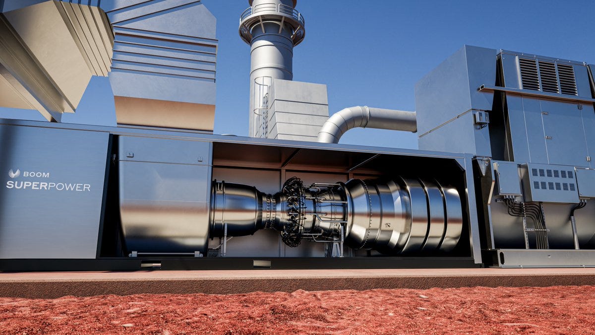 A sleek, modern industrial rendering of the 'Superpower' gas turbine. The large cylindrical turbine casing is shown in a clean, white finish with blue accents and the word 'SUPERPOWER' prominently displayed on the side. The image conveys a high-tech, powerful piece of energy infrastructure.