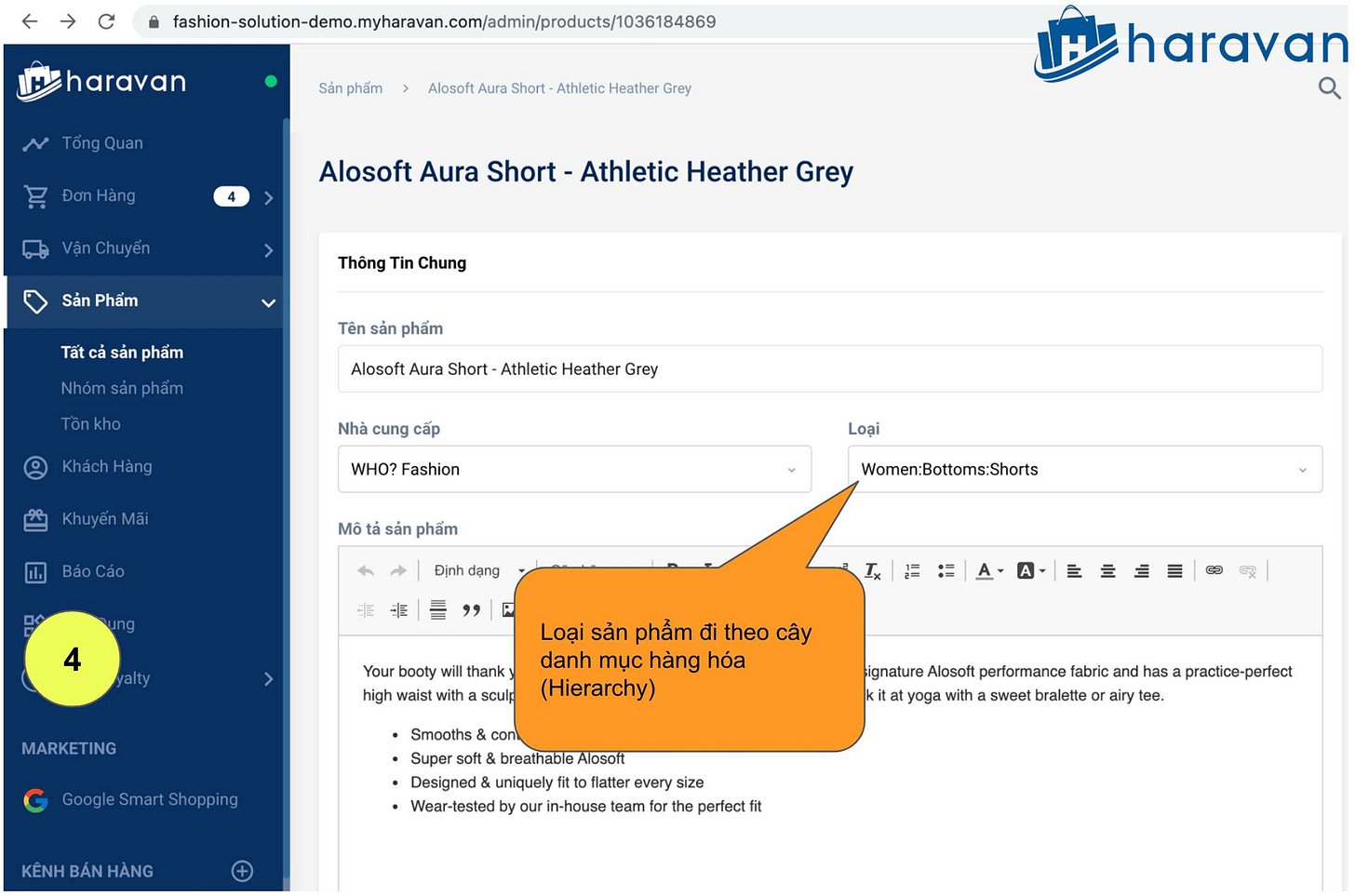 May be an image of text that says '←→c haravan Sản phẩm TổngQuan Alosoft Aura Short Athletic Heather Grey ĐơnHàng VậnChuyển Alosoft Aura Short Athletic Heather Grey Sản Phẩm haravan Thông Tin Chung Tất sản phẩm Nhóm Tên sản phẩm Alosoft Heather KháchHàng Nhà cung cấp KhuyếnMãi WHO? Fashion Cáo Mô Loại sản phẩm Định dạng Women:Bottoms:Shorts yalty Your booty thank high waist with sculp MARKETING Loại sản phẩm đi theo danh mục hàng hóa (Hierarchy) GoogSh Smooths con Super oft& reathable Alosoft Designed& uniquely flatter every in-house team he perfectfit signature Alosoft performance fabric has practice-perfect kit yoga with sweet bralette airy tee. BÁN HÀNG'