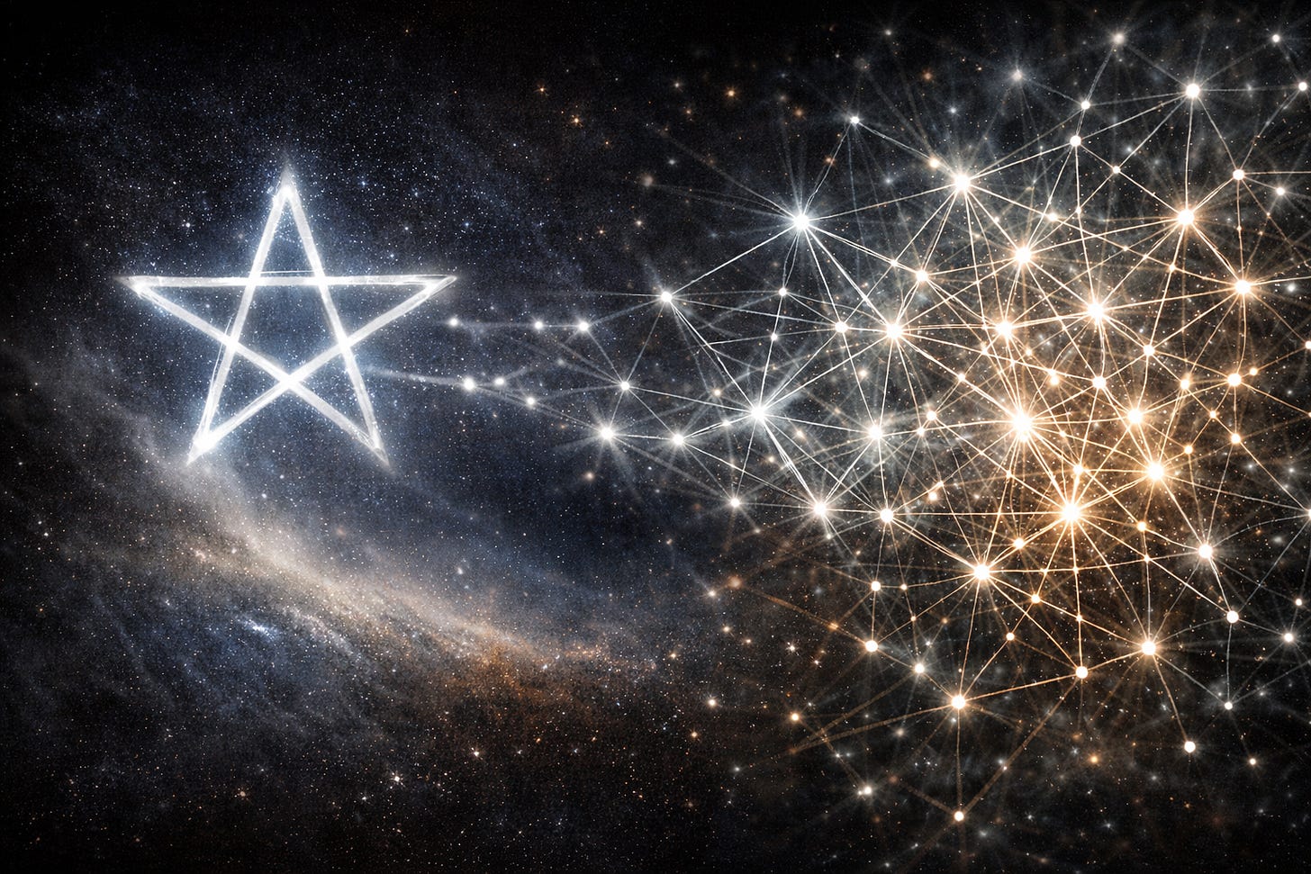 Abstract cosmic artwork showing a glowing silver pentagram on the left transitioning into a bright web of interconnected points and lines on the right, set against a dark star-filled space background.