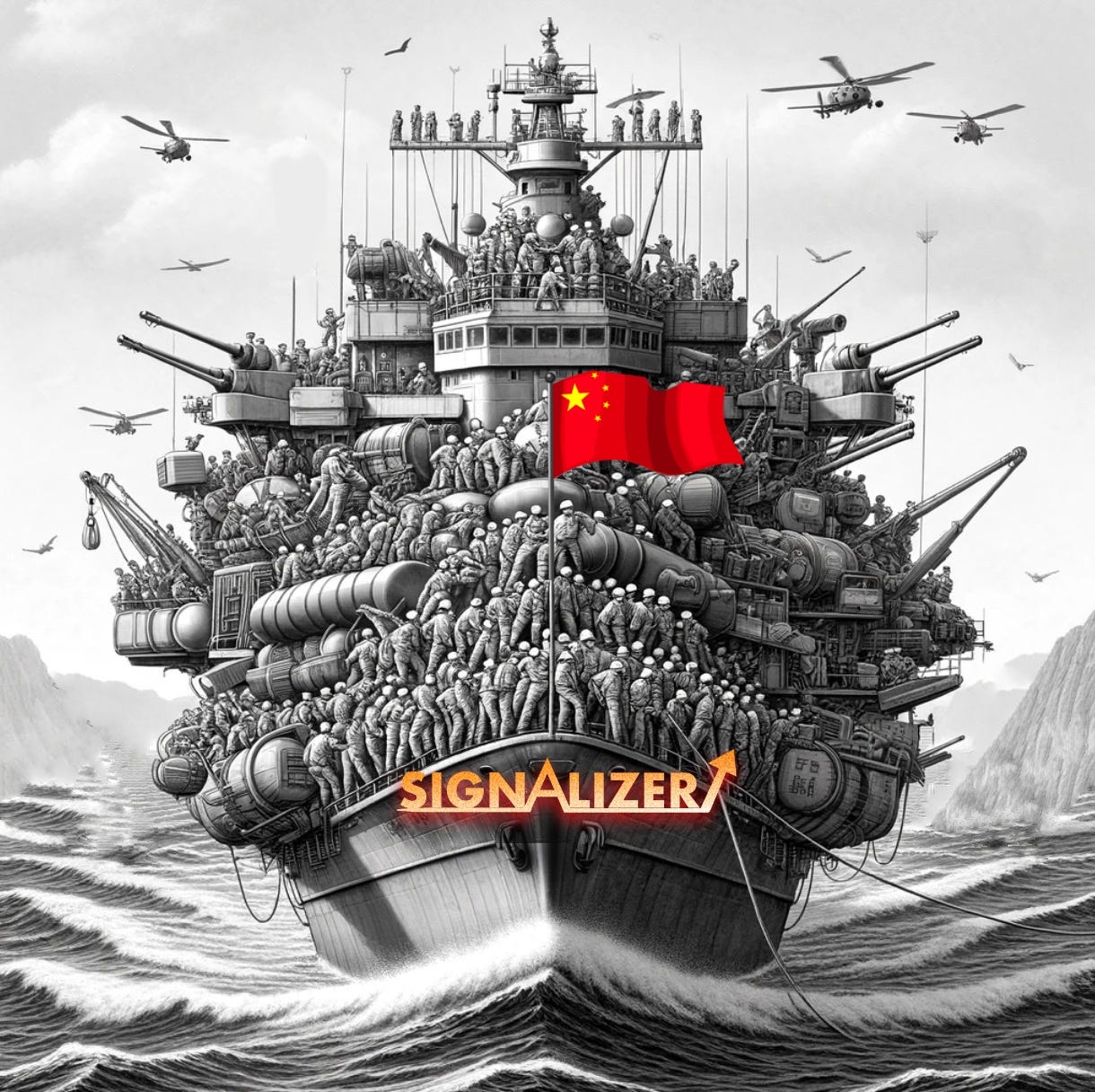 Cartoon: An absurdly overloaded Chinese warships heads toward Taiwan