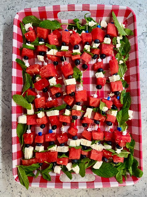 red, white, and blue appetizers, desserts, and main courses