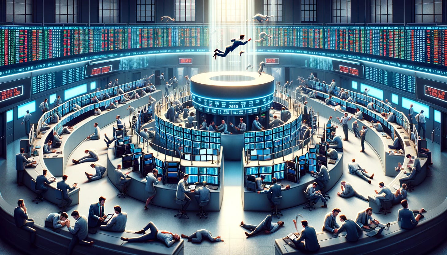 A precise trading floor with two pits showing different levels of activity. One pit is energetically lit with human traders actively trading, tape flying out with tickers. The second pit is quiet with brokers sleeping or idle. The scene is lively and detailed, with human traders clearly visible, highlighting the relationship between volume and price movement. The overall look is engaging, illustrating the dynamic world of stocks, trading, prices, and volume.