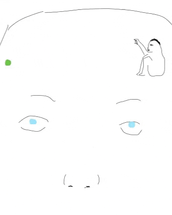 A cartoon head has a tiny man bouncing a ball around it. A cartoon head has a tiny man bouncing a ball around it.