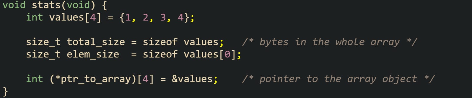 void stats(void) {     int values[4] = {1, 2, 3, 4};      size_t total_size = sizeof values;   /* bytes in the whole array */     size_t elem_size  = sizeof values[0];      int (*ptr_to_array)[4] = &values;    /* pointer to the array object */ }