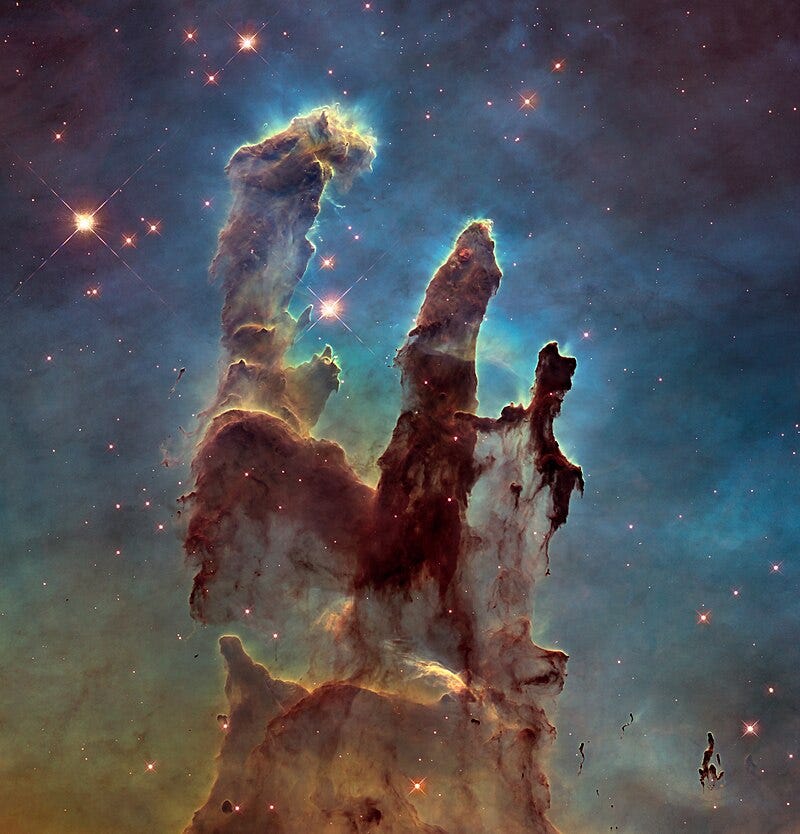 A higher-resolution Hubble Space Telescope image of the Pillars of Creation, taken in 2014 as a tribute to the original photograph