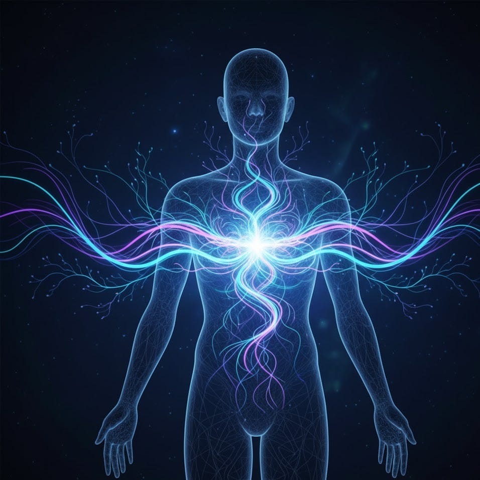 Body with emotional waves of energy shooting through and out of it.
