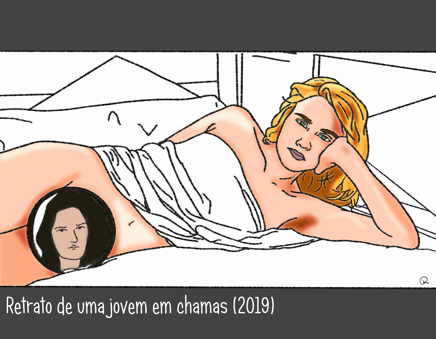 Desenho digital reproduzindo cena do filme "Retrato de uma jovem em chamas". Uma mulher loira está deitada seminua e relaxada, num cenário todo branco. A mulher é branca e tem longos cabelos loiros, está deitada de lado, com a cabeça um pouco erguida, apoiada em uma das mãos. Um lençol branco cobre seus seios, e um espelho redondo cobre sua genital. O espelho reflete o rosto de outra mulher, de expressão séria e volumosos cabelos pretos.