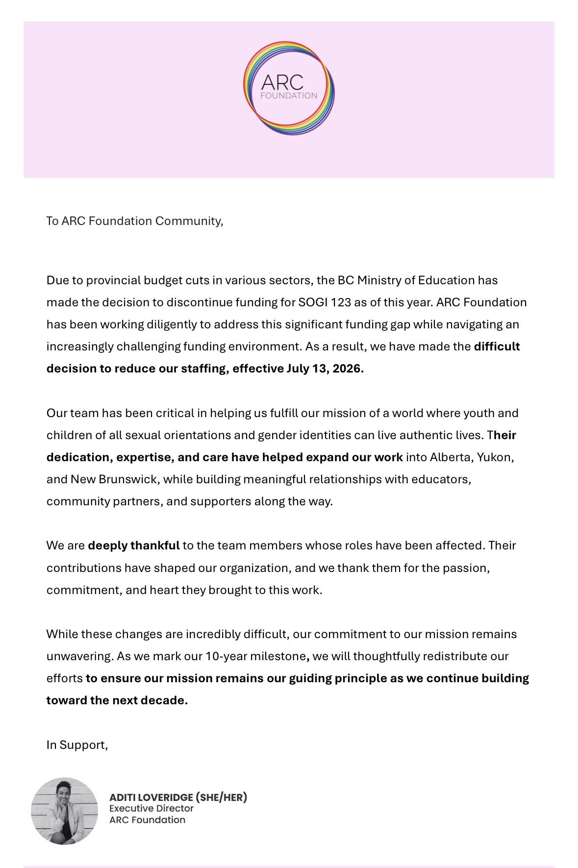Screenshot of an email sent to ARC's supporters explaining that their provincial funding has been cut and they have needed to lay off staff.