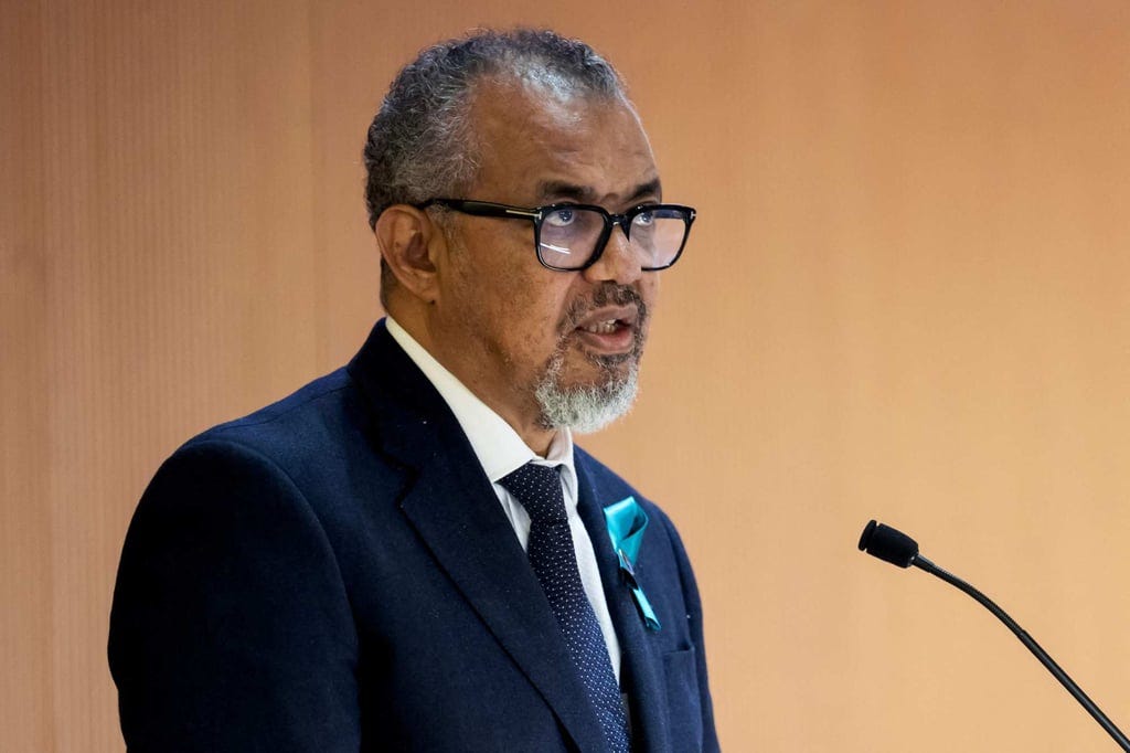 World Health Organization Director General Tedros Adhanom Ghebreyesus delivers his report before delegates during the World Health Assembly in Geneva on Monday. Photo: AFP